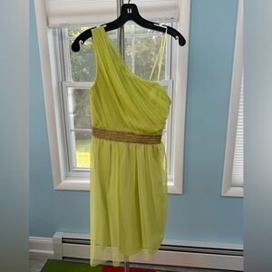 Short, light green dress with gold beading
